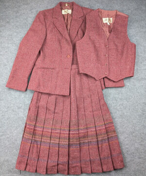 Edinburg Woollen Mill Skirt Suit Set Women 10 3 Piece Vintage Red Pleated Retro